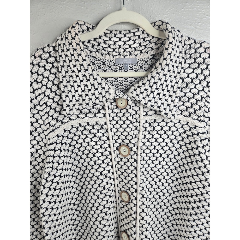 Habitat Crochet Button Front Knit Cardigan Sweater M White Black Cottage Artsy - Picture 4 of 12